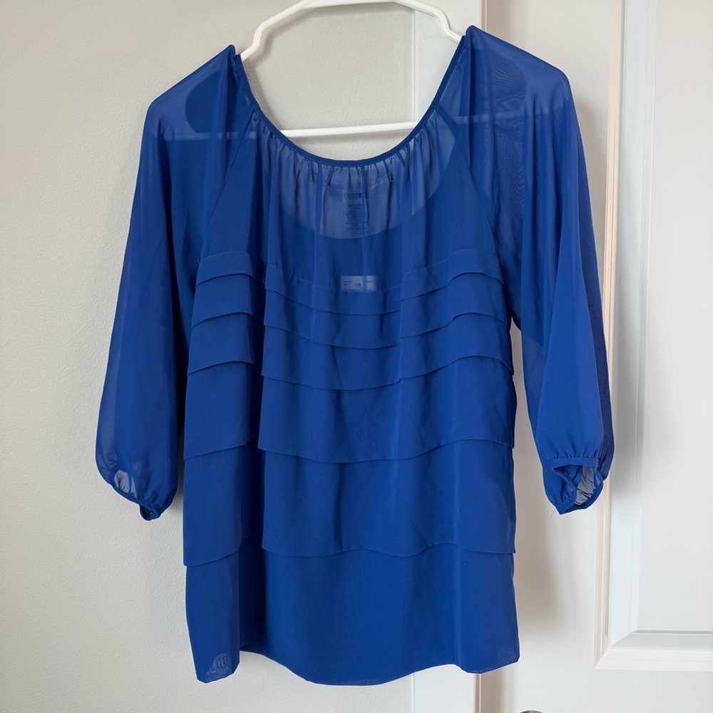 NWT Max Studio Blouse Cobalt Blue Size XS Tiers Jewel Tone Sheer Office Casual - Picture 6 of 11